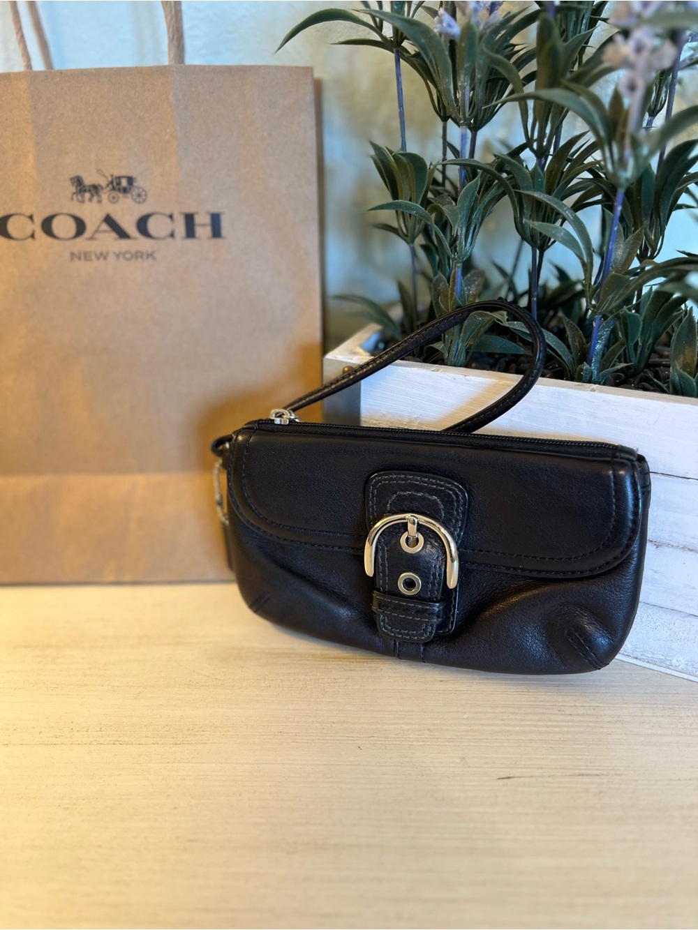Coach SoHo Black Leather Wristlet with Silver Buckle EUC